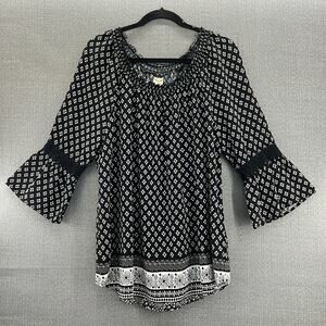 Faded‎ Glory Black/White 3/4 Bell Sleeve 100% Rayon Boho Blouse Tunic Size XXL